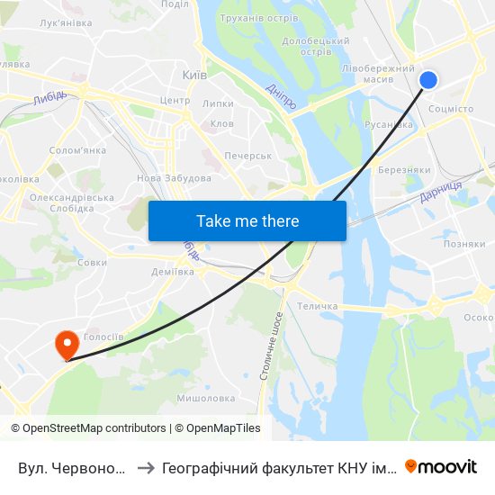 Вул. Червоноткацька to Географічний факультет КНУ ім. Т. Шевченка map