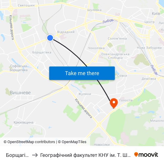 Борщагівка to Географічний факультет КНУ ім. Т. Шевченка map