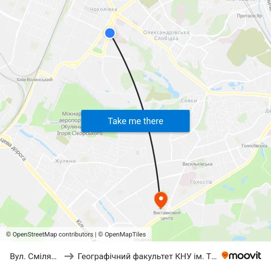 Вул. Смілянська to Географічний факультет КНУ ім. Т. Шевченка map