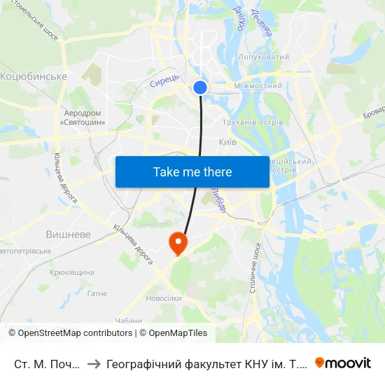 Ст. М. Почайна to Географічний факультет КНУ ім. Т. Шевченка map