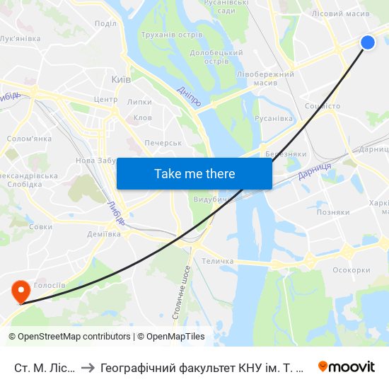 Ст. М. Лісова to Географічний факультет КНУ ім. Т. Шевченка map