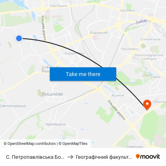 С. Петропавлівська Борщагівка (Вул. Садова) to Географічний факультет КНУ ім. Т. Шевченка map