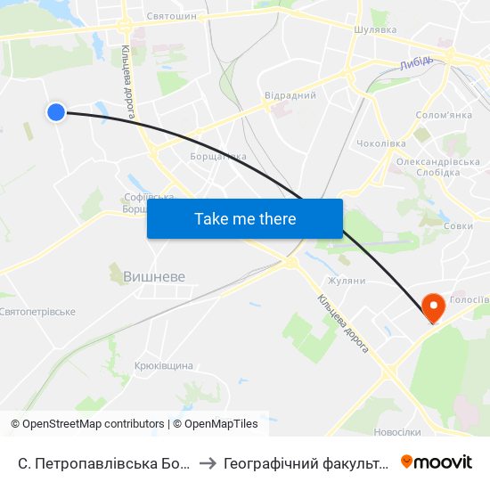 С. Петропавлівська Борщагівка (Вул. Садова) to Географічний факультет КНУ ім. Т. Шевченка map