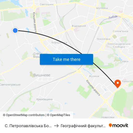 С. Петропавлівська Борщагівка (Вул. Садова) to Географічний факультет КНУ ім. Т. Шевченка map