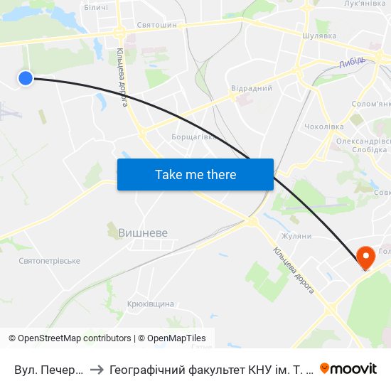 Вул. Печерська to Географічний факультет КНУ ім. Т. Шевченка map