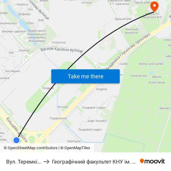 Вул. Теремківська to Географічний факультет КНУ ім. Т. Шевченка map