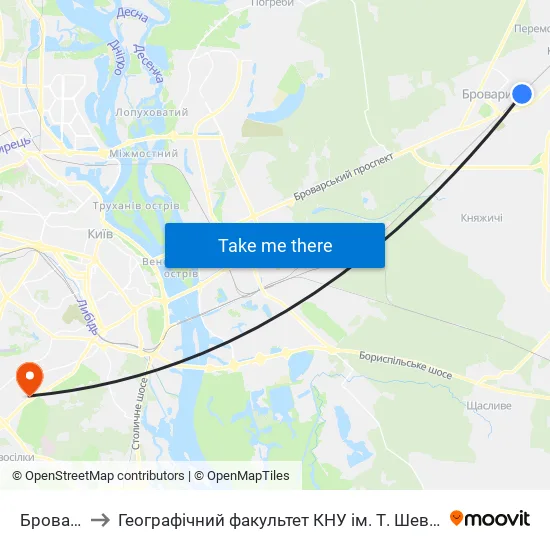 Бровари to Географічний факультет КНУ ім. Т. Шевченка map