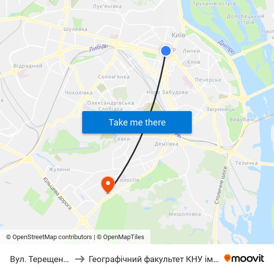 Вул. Терещенківська to Географічний факультет КНУ ім. Т. Шевченка map