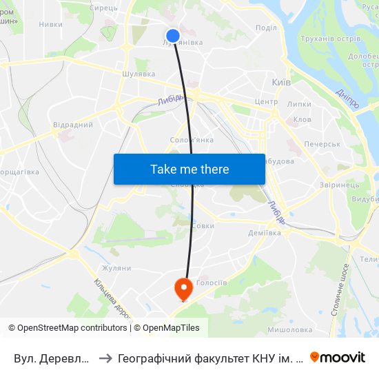 Вул. Деревлянська to Географічний факультет КНУ ім. Т. Шевченка map
