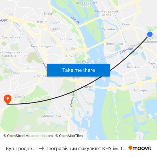 Вул. Гродненська to Географічний факультет КНУ ім. Т. Шевченка map