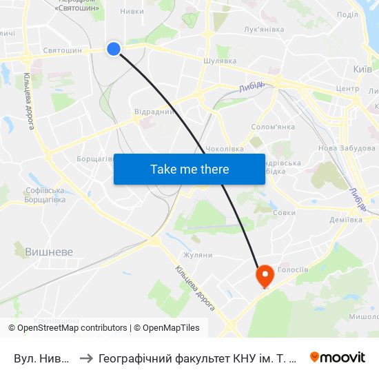 Вул. Нивська to Географічний факультет КНУ ім. Т. Шевченка map