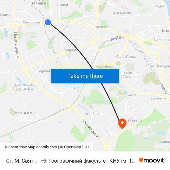 Ст. М. Святошин to Географічний факультет КНУ ім. Т. Шевченка map