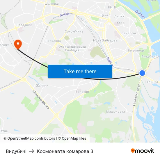 Видубичі to Космонавта комарова 3 map