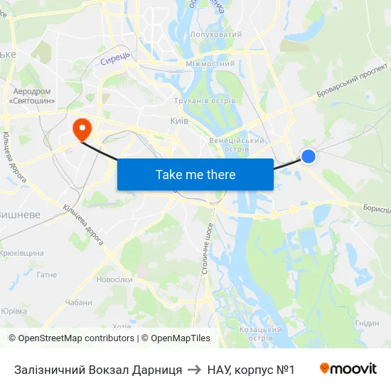 Залізничний Вокзал Дарниця to НАУ, корпус №1 map