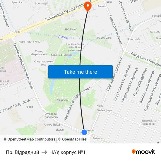 Пр. Відрадний to НАУ, корпус №1 map