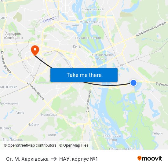 Ст. М. Харківська to НАУ, корпус №1 map