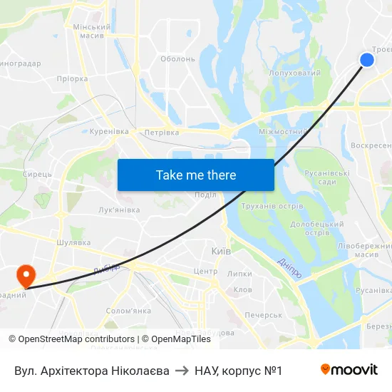 Вул. Архітектора Ніколаєва to НАУ, корпус №1 map