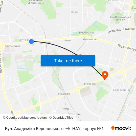 Бул. Академіка Вернадського to НАУ, корпус №1 map