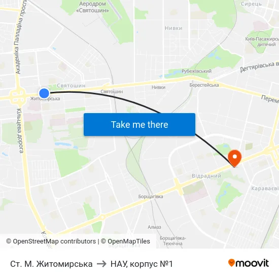 Ст. М. Житомирська to НАУ, корпус №1 map