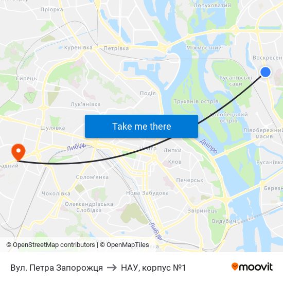 Вул. Петра Запорожця to НАУ, корпус №1 map