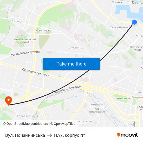 Вул. Почайнинська to НАУ, корпус №1 map