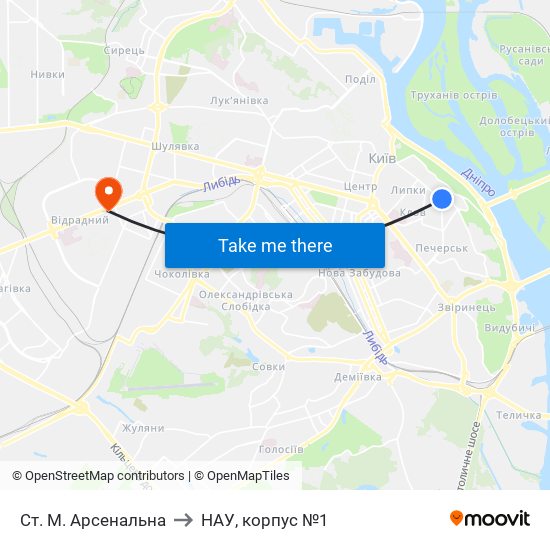 Ст. М. Арсенальна to НАУ, корпус №1 map