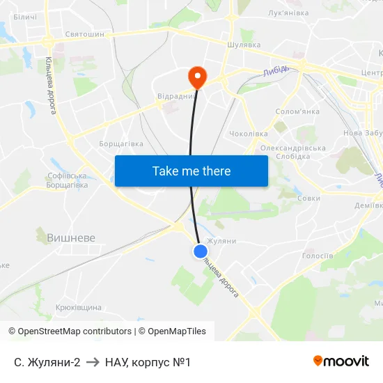 С. Жуляни-2 to НАУ, корпус №1 map