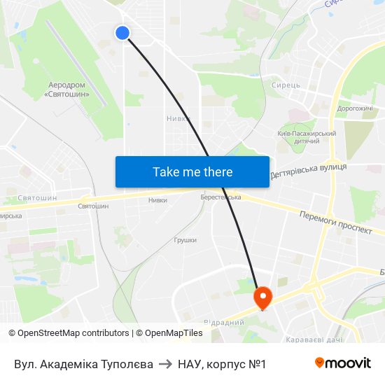 Вул. Академіка Туполєва to НАУ, корпус №1 map