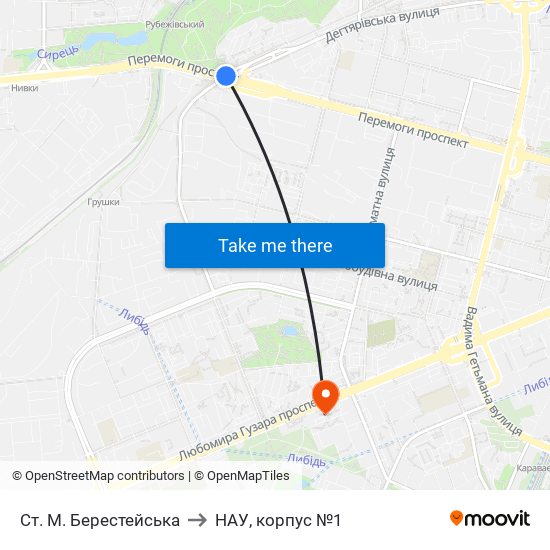 Ст. М. Берестейська to НАУ, корпус №1 map