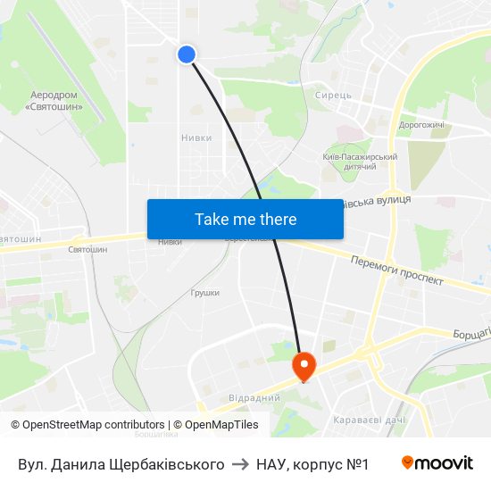 Вул. Данила Щербаківського to НАУ, корпус №1 map