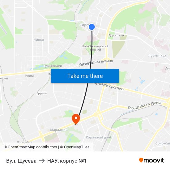 Вул. Щусєва to НАУ, корпус №1 map