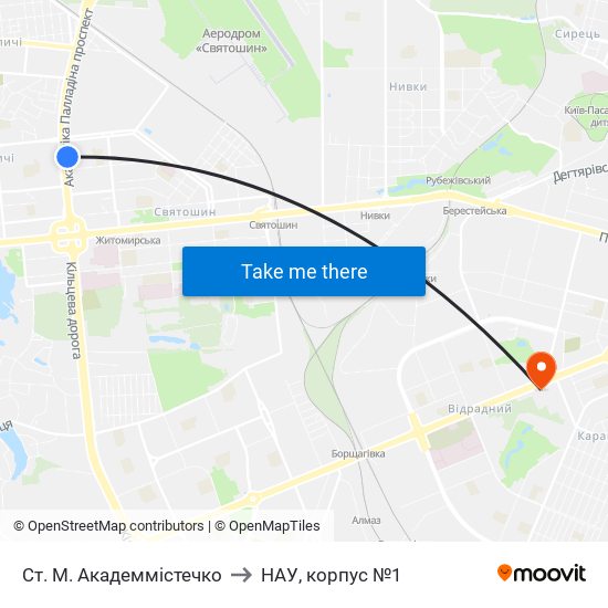 Ст. М. Академмістечко to НАУ, корпус №1 map