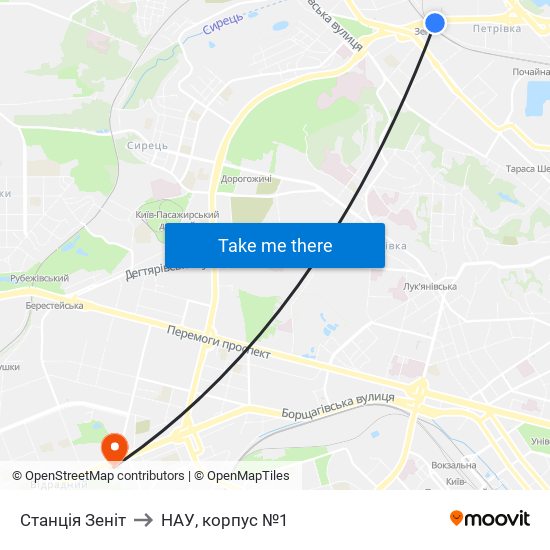 Станція Зеніт to НАУ, корпус №1 map