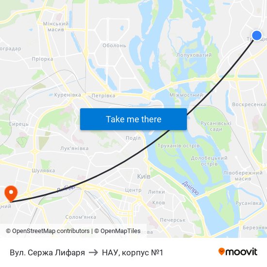 Вул. Сержа Лифаря to НАУ, корпус №1 map