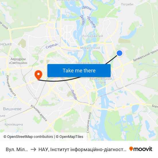 Вул. Мілютенка to НАУ, Інститут інформаційно-діагностичних систем 11 корпус map