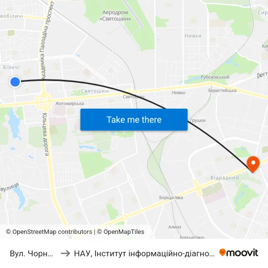 Вул. Чорнобильська to НАУ, Інститут інформаційно-діагностичних систем 11 корпус map