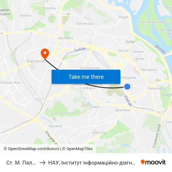 Ст. М. Палац Україна to НАУ, Інститут інформаційно-діагностичних систем 11 корпус map