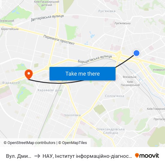 Вул. Дмитрівська to НАУ, Інститут інформаційно-діагностичних систем 11 корпус map