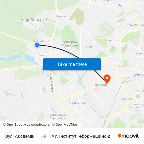 Вул. Академіка Булаховського to НАУ, Інститут інформаційно-діагностичних систем 11 корпус map