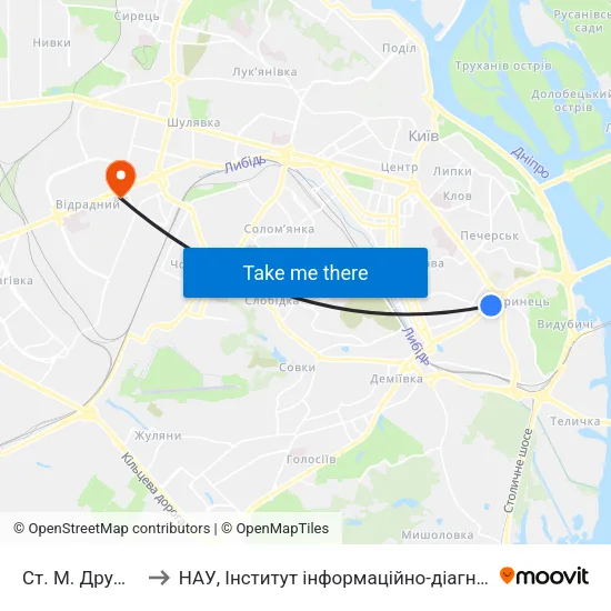Ст. М. Дружби Народів to НАУ, Інститут інформаційно-діагностичних систем 11 корпус map