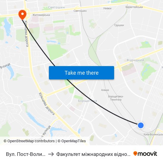 Вул. Пост-Волинська to Факультет міжнародних відносин КіМУ map