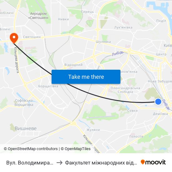 Вул. Володимира Брожка to Факультет міжнародних відносин КіМУ map