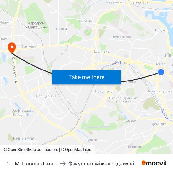 Ст. М. Площа Льва Толстого to Факультет міжнародних відносин КіМУ map