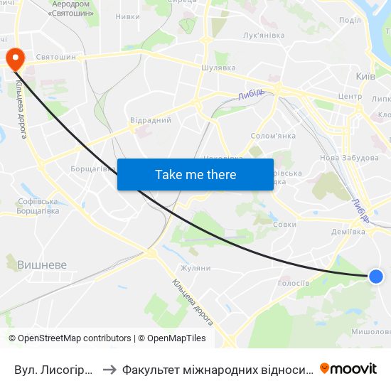 Вул. Лисогірська to Факультет міжнародних відносин КіМУ map