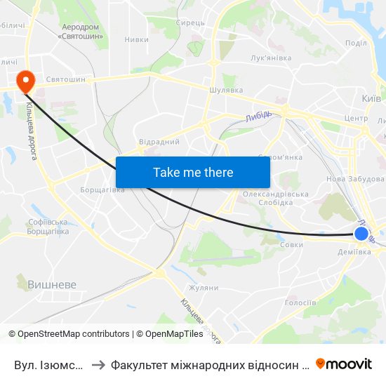 Вул. Ізюмська to Факультет міжнародних відносин КіМУ map