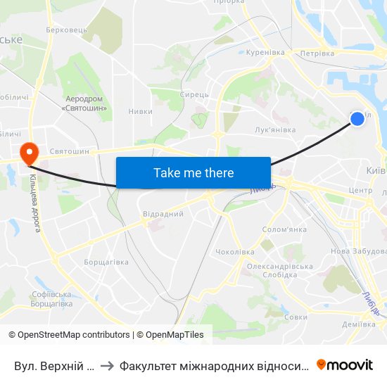 Вул. Верхній Вал to Факультет міжнародних відносин КіМУ map