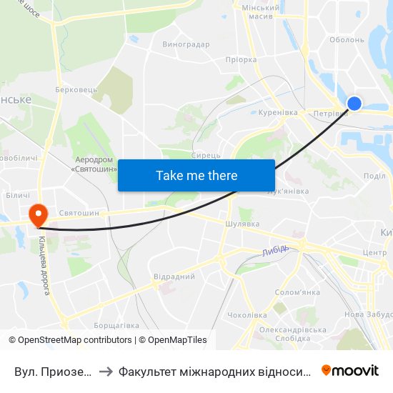 Вул. Приозерна to Факультет міжнародних відносин КіМУ map