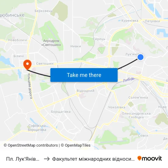 Пл. Лук'Янівська to Факультет міжнародних відносин КіМУ map