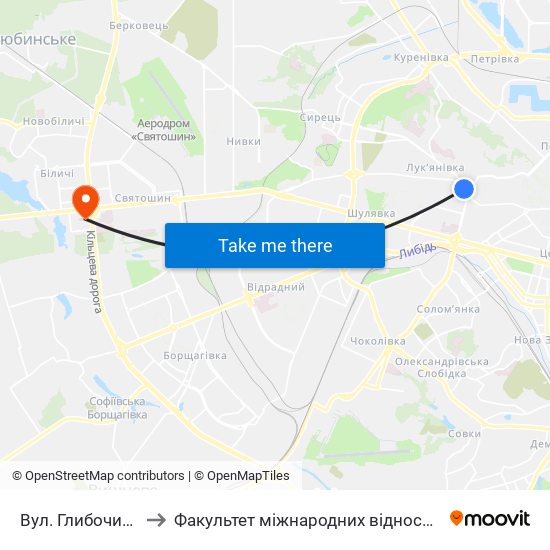 Вул. Глибочицька to Факультет міжнародних відносин КіМУ map