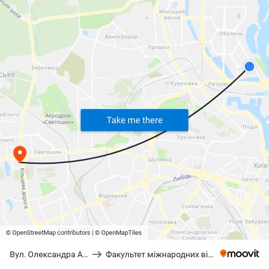 Вул. Олександра Архипенка to Факультет міжнародних відносин КіМУ map